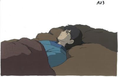 dessin représentant un homme endormi dans un lit, la tête posée sur un oreiller