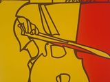 a yellow and red poster with a drawing of a man holding a violin