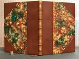 an old book with a brown cover and a gold and green design on it