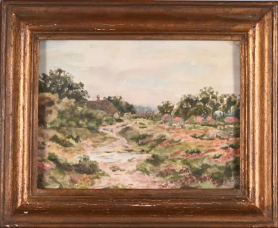 une peinture à l'huile représentant un paysage avec un chemin de terre au premier plan