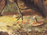 a painting of an ostrich eating a piece of bread