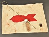 a picture of a red and white flag with a clock on it