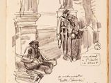 an old book with a drawing of a man sitting on a bench next to a statue