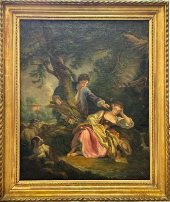 une peinture à l'huile représentant un homme et une femme dans un décor boisé