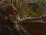 tableau représentant un homme assis sur une chaise, regardant par la fenêtre