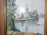 tableau représentant une scène fluviale avec une église en arrière-plan