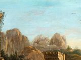 painting of a landscape with ruins and people in the foreground