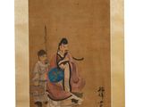 une peinture orientale représentant une femme et un enfant assis sur un banc