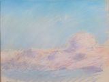peinture au pastel représentant une montagne au loin, avec un ciel bleu en arrière-plan