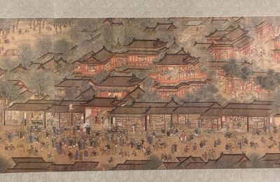 an image of a picture of a painting of people in a village