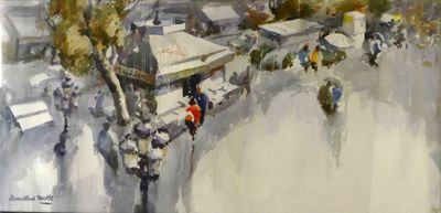un tableau représentant des gens marchant dans la rue sous la neige