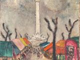 une image représentant une peinture d'une scène de rue avec un monument en arrière-plan