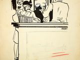 drawing of a man and woman sitting at a table with a basket of food