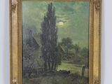 an oil painting of a landscape with a house and trees