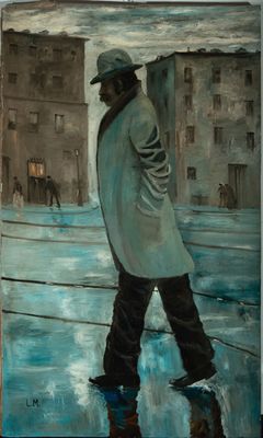 un tableau représentant un homme marchant dans la rue sous la pluie