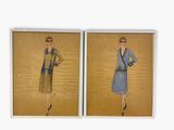 two paintings of a woman in a blue dress and a man in a brown suit