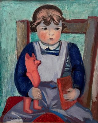 tableau représentant une petite fille tenant un jouet rouge et un renard roux