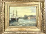 painting of a ship in a body of water with a castle in the background