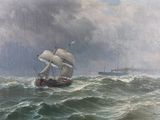 tableau représentant un voilier sur une mer agitée, avec un navire en arrière-plan