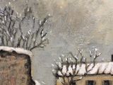 an oil painting of a snowy street scene with buildings and a horse drawn carriage
