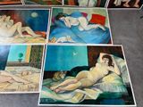 four paintings of nudes and a cat on a bed in a room