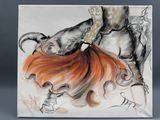a painting of a woman with a goat on her back