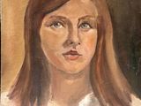 painting of a woman with long brown hair and a white shirt