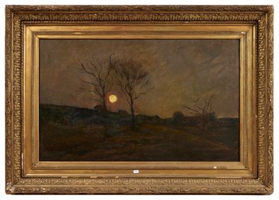 un tableau représentant un arbre dans un champ, avec la pleine lune en arrière-plan