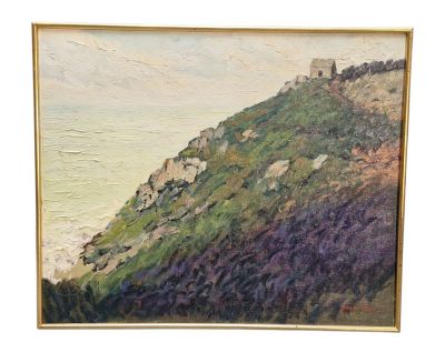 an oil painting of a hill with a castle on top