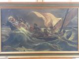 tableau représentant des personnes dans un bateau sur une mer agitée, avec une voile