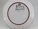 a white plate with a brown border and a peace sign on it
