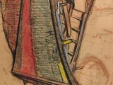 drawing of a man standing on a ladder next to a boat