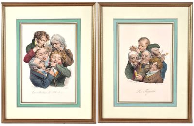 two framed pictures of a group of people sitting on top of each other