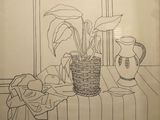un dessin représentant une plante en pot et un vase posés sur une table