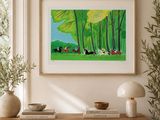 a picture of a painting hanging on the wall above a dresser
