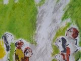 a painting of a group of people walking down the street