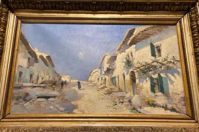 an oil painting of a street scene with a man walking down the street