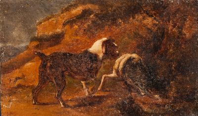 painting of a dog and a sheep in a rocky landscape