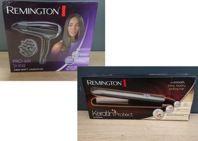 deux photos d'une boîte du lisseur « Remington Keratin Perfect »