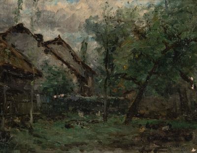 a painting of a farm scene with a cow in the foreground