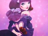 tableau représentant une femme en robe violette tenant un ours en peluche