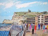 une peinture représentant un groupe de personnes marchant sur la plage
