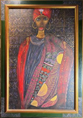tableau représentant une femme coiffée d'un turban rouge et tenant un couteau