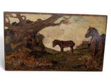 a painting of a horse and a cow in a field