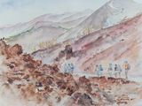 une aquarelle représentant un groupe de personnes montant une colline