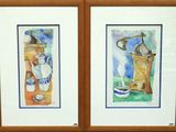 two watercolor paintings of a coffee pot and a cup on a table