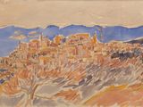 tableau représentant une vue de ville avec une montagne en arrière-plan