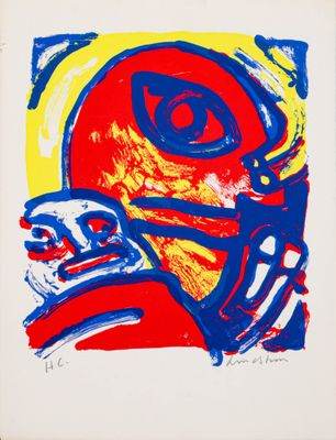 une image représentant un tableau avec un visage rouge, bleu et jaune