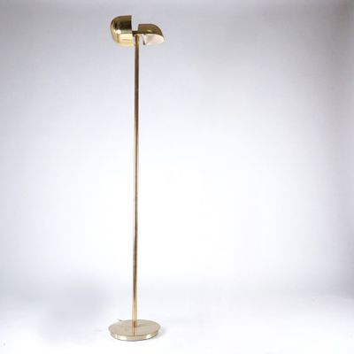 a brass floor lamp with a white background