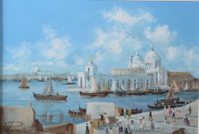 a painting of a view of a harbor with boats on the water